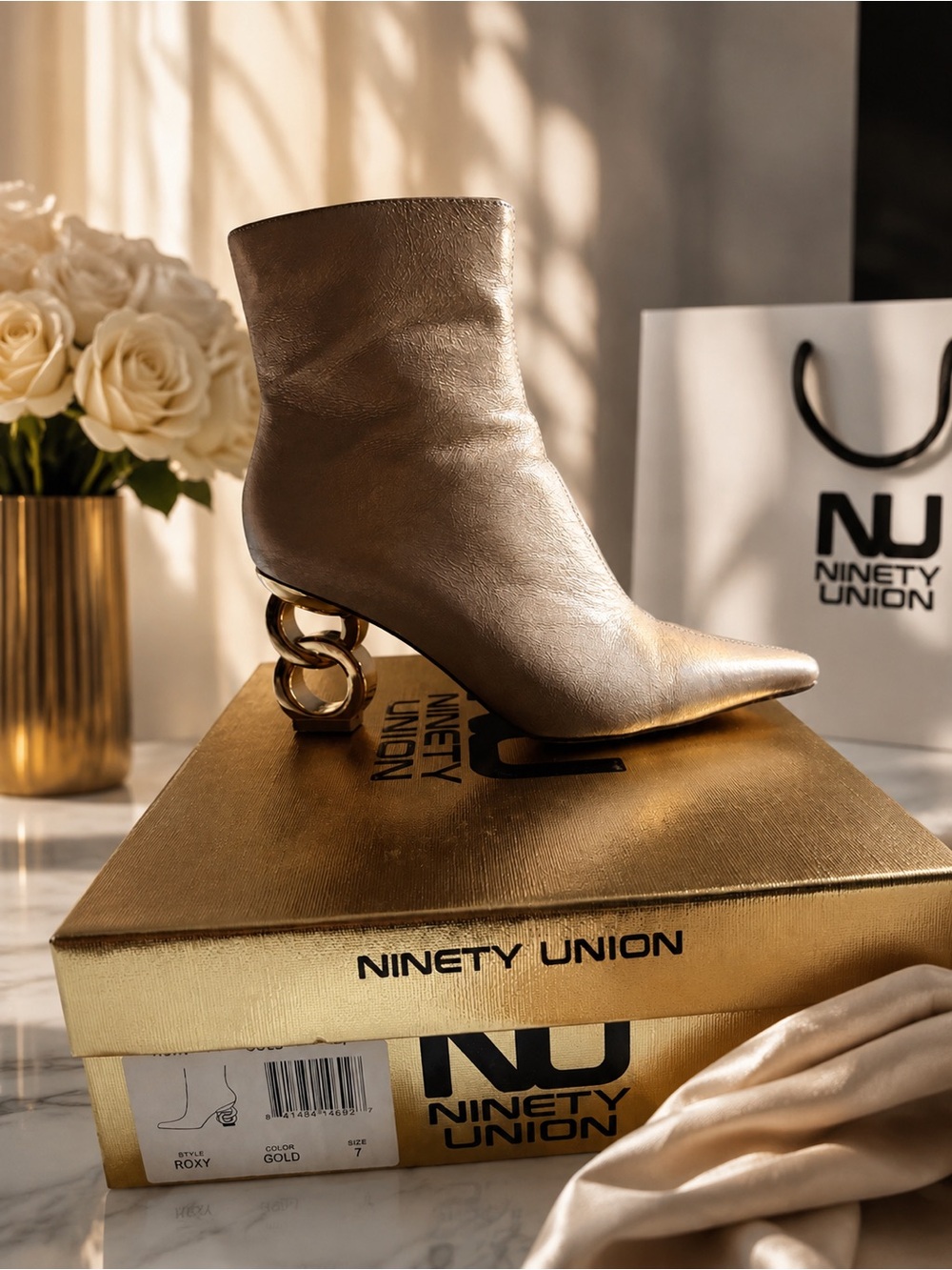 Ninety Union Metallic Gold Sculptural Heel Ankle Boots